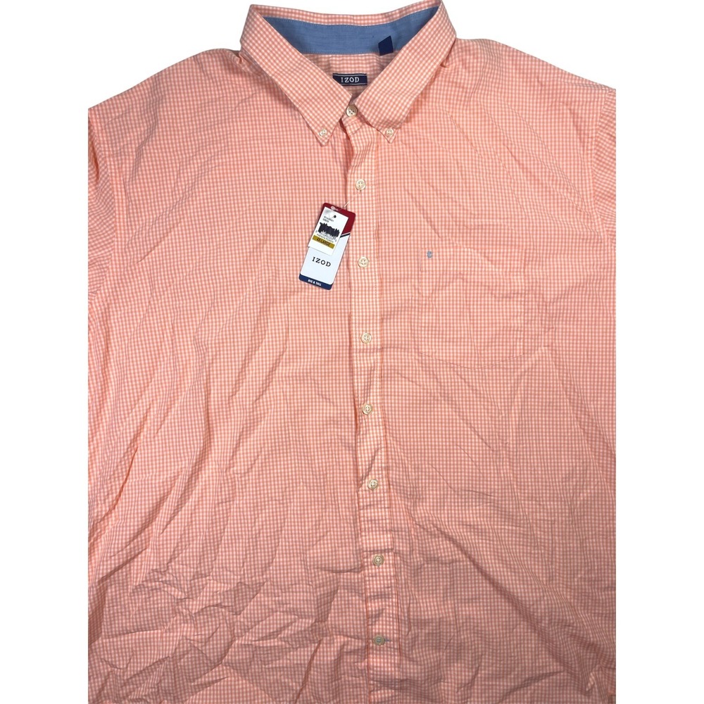 Izod Shirt Mens Big & Tall 4XL Peach Grid Pattern Cotton Long Sleeve Button-Down